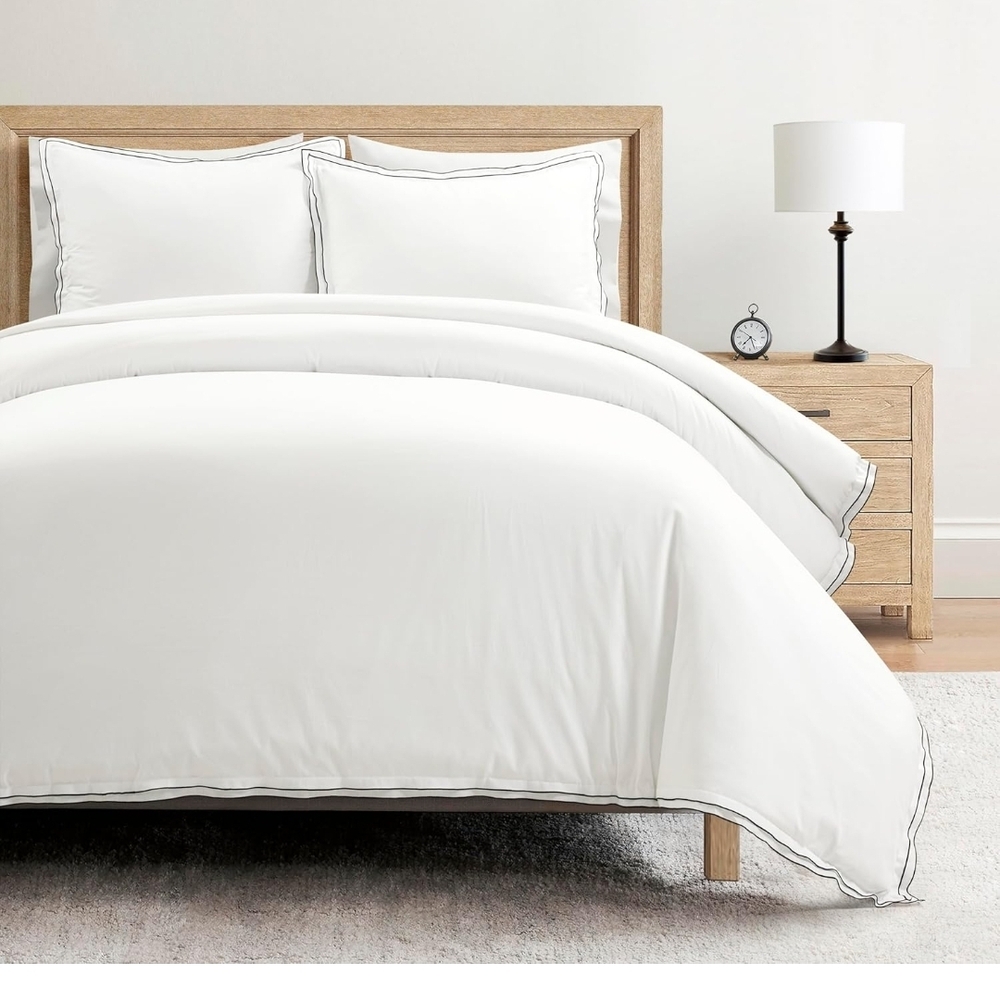 Lush Decor Hampton Embroidered Edge Cotton 3 Piece Duvet Cover Set King B&W